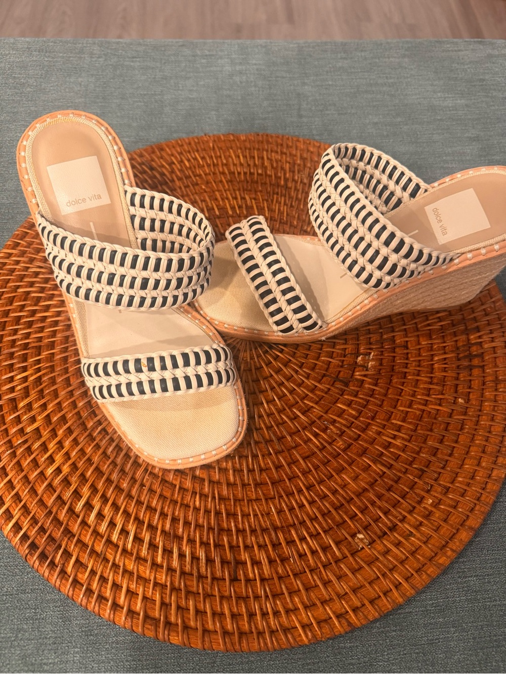 Dolce Vita Cream and Black Woven Double-Strap Wedge Sandals